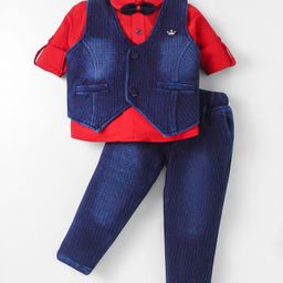 Dapper Dudes Full Sleeves Solid Shirt With Striped Denim Waistcoat & Bow Pant Set - Red-picture-38