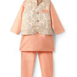 Ridokidz Full Sleeves Solid Kurta & Pyjama With Floral Printed Jacket Set - Peach-picture-36