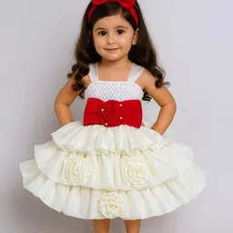 TINY MINY MEE Elastane Woven Sleeveless Floral & Bow Applique Detailed Layered Dress - White-picture-38