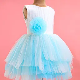 Bluebell Net Woven Sleeveless Party Frock With Mesh Overlay & Floral Corsage Detailing - Sky Blue image 2