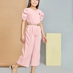 Peppermint Woven Half Puffed Sleeves Textured Jumpsuit With Belt - Peach image 4