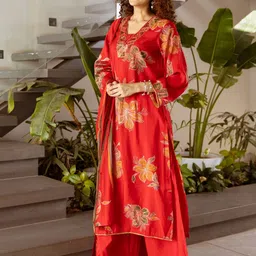 HERE&NOW Floral Printed V-Neck Mirror Work Straight Kurta With Palazzos & Dupatta image 5