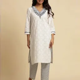 W Off-White Cotton Embroidered Straight Kurta image 1