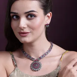 Panash Silver Plated Cubic Zirconia Studded Oxidized Jewellery Set image 1