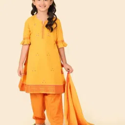 Fabindia Kids Yellow Embroidered Kurta Salwar Set-image-41