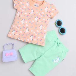 Bumzee Kids Peach & Mint Green Cotton Printed T-Shirt Set-picture-13