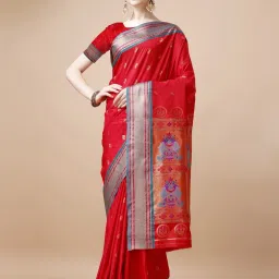 JUST FASHION Red Zari Work Saree With Unstitched Blouse image 1