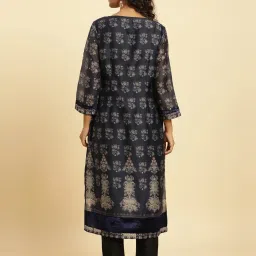 W Navy Printed Straight Kurta image 2