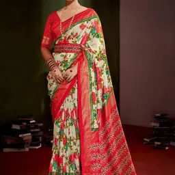 Saree Mall Beige Floral Print Saree With Unstitched Blouse image 1