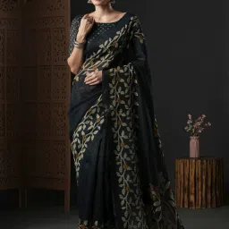 Saree Mall Black Floral Print Saree With Unstitched Blouse image 1