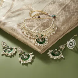 Zaveri Pearls Green Meenakari Crescent Shape Kundan Choker Necklace Earring Maangtikka & Ring Set-ZPFK13054 image 2