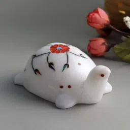 Aapno Rajasthan White & Red Marble Tortoise Inlaid With Stone image 1