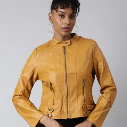 showoffff SHOWOFF Mustard Regular Fit Biker Jacket image 1