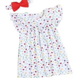 Bumzee Kids White Floral Print Dress with Hairband-image-50