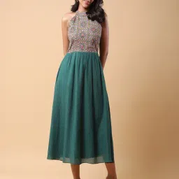 aarke Ritu Kumar Green Embroidered Midi A-Line Dress-image-95
