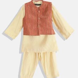 READIPRINT FASHIONS Kids Beige & Red Striped Full Sleeves Kurta, Nehru Jacket with Pyjamas-image-64