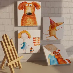 Art Street With Cartoon Strech Printed White Engineered Wood Wall Art with 1 Stand (Set of 4) image 2