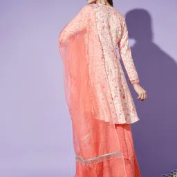 Cation Peach Floral Print Kurta With Sharara & Dupatta image 2
