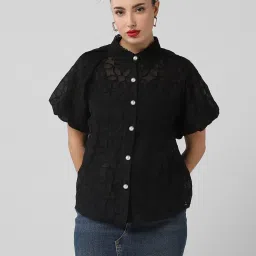 showoffff SHOWOFF Black Cotton Embroidered Short Sleeves Shirt With Inner Slip image 1