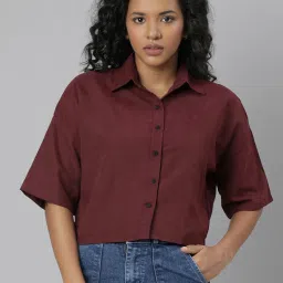 showoffff SHOWOFF Maroon Cotton Relaxed Fit Crop Shirt image 1