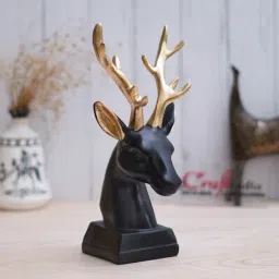 eCraftIndia Black PolyresinReindeer Head Statue with Golden Antlers Showpiece image 2