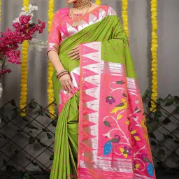 SHUBHKALA Green Silk Woven Saree With Unstitched Blouse image 1