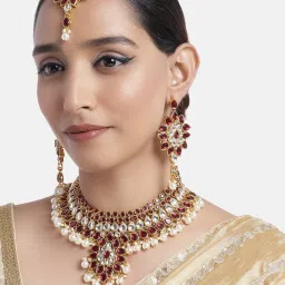 Peora Maroon Necklace with Earring & Maang Tikka Set image 1