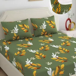 Dreamscape Green Cotton Floral Bed Sheets Sets image 1