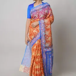 Unnati Silks Orange Cotton Floral Print Saree With Unstitched Blouse image 1