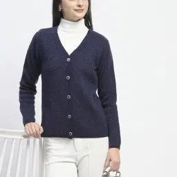 Madame Navy Regular Fit Self Pattern Cardigan image 5