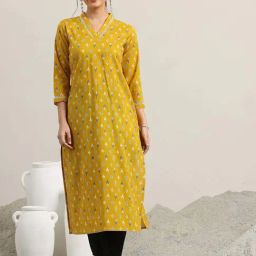 Libas Yellow Cotton Straight Fit Floral Print Kurtas-picture-1