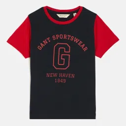 GANT Boys Typography Printed Navy Round Neck Cotton T-shirt image 1