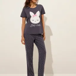 Wunderlove by Westside Charcoal Printed Cotton Pyjamas Set In A Bag image 1
