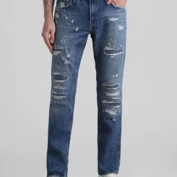 Jack & Jones Dark Blue Denim Cotton Regular Fit Distressed Jeans image 1