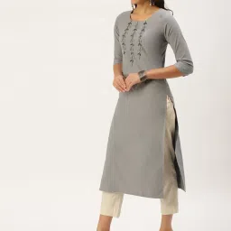 showoffff SHOWOFF Grey Cotton Embellished Calf Length Straight Kurta image 2