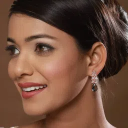 Aatmana Rose Gold-Plated & Grey AD-Studded Handcrafted Teardrop Earrings for Women image 2