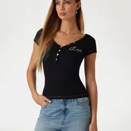 Guess Black Cotton Solid T-Shirt image 1