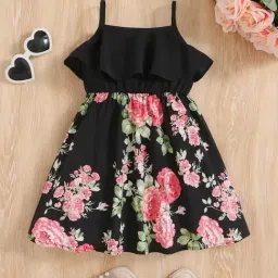 Bolly Lounge Girls Black Cotton Blend Sleeveless Floral Print Dress-image-96