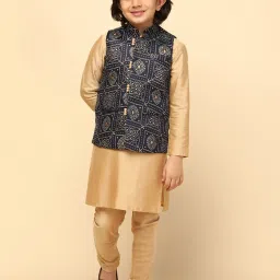 KISAH Navy & Beige Printed Full Sleeves Kurta, Jacket & Pyjamas image 1