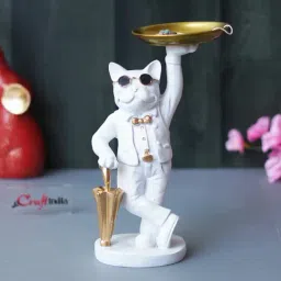 eCraftIndia White Polyresin  Bulldog Statue in Glasses Holding Golden Umbrella Showpiece-picture-38