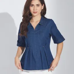 Latin Quarters Blue Cotton Striped Top-image-3