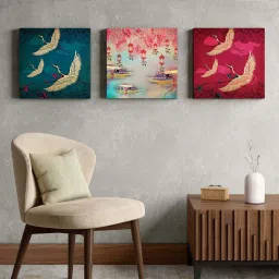 India Circus Red Canvas Lakeside Crane Flight Wall Art - Set of 3 image 1