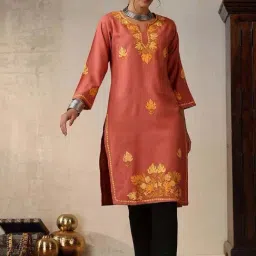 House of Chikankari Coral HOC Crafts Aari Embroidered Woollen Solid Women's Long Kurta-image-78