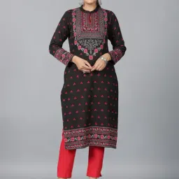 Juniper Black Floral Printed Woolen Straight Kurta-image-78