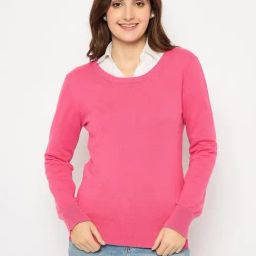 MADAME Pink Acrylic Solid Full Sleeves Sweater-picture-3