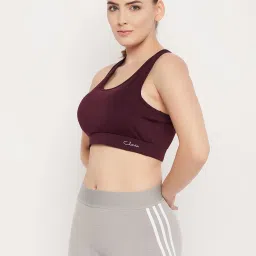 Clovia Wine Polyester Logo Print Full Coverage Racerback Sports Bra image 3