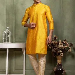 PulseIQ Men Yellow Ethnic Dupion Silk Mandarin Collar Straight Kurtas image 2
