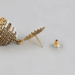 Anouk Gold-Plated Artificial Stones Studded And Beaded Dome Shaped Jhumkas image 4