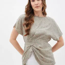 Kibo Peach Crepe Print Tops-image-0