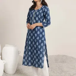 Libas Blue Cotton Straight Fit Printed Kurtas image 3